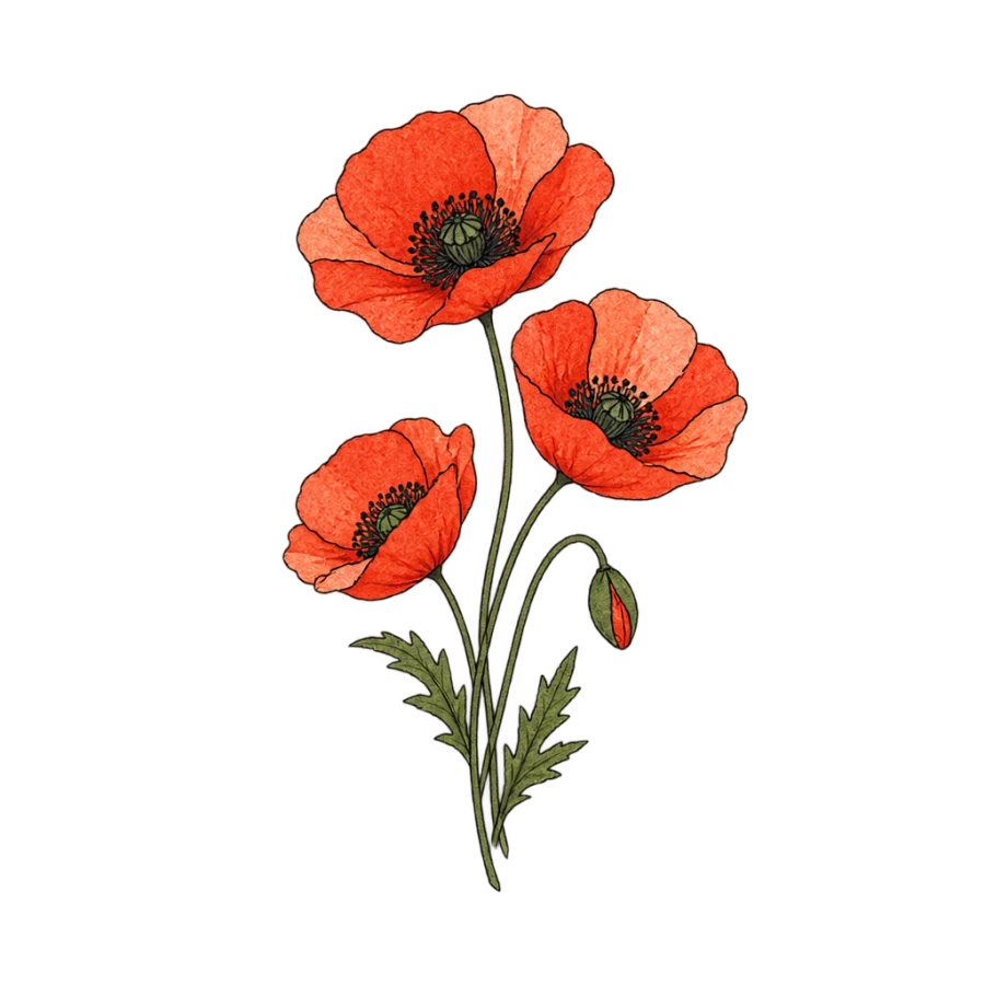 Watercolor poppy cluster tattoo design shaped for a small inner ankle piece