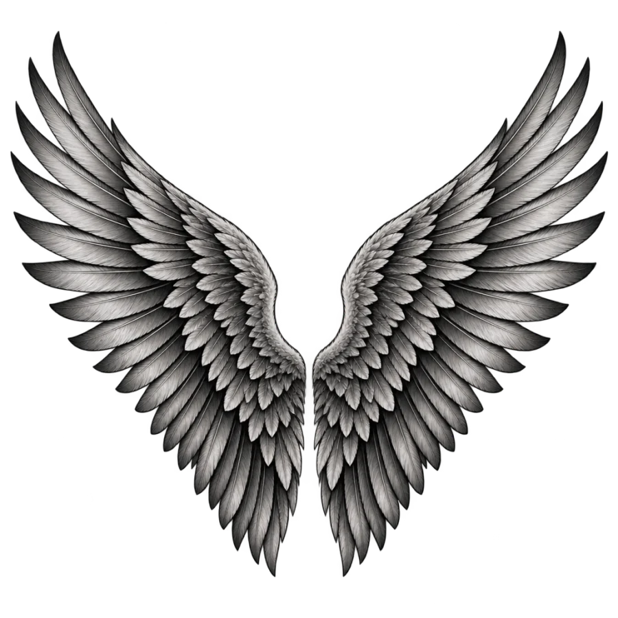 Black and grey realism back tattoo of wide spread feathered wings