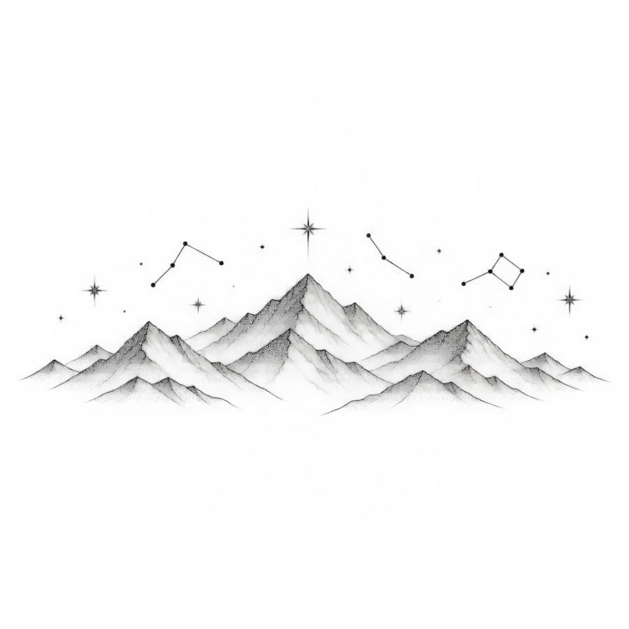 Fine line back tattoo of a mountain range under constellation lines