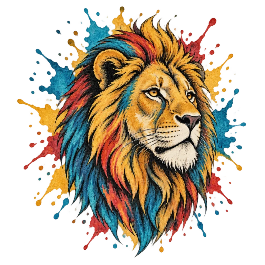 Watercolour back tattoo of a lion head with colour splashes behind it
