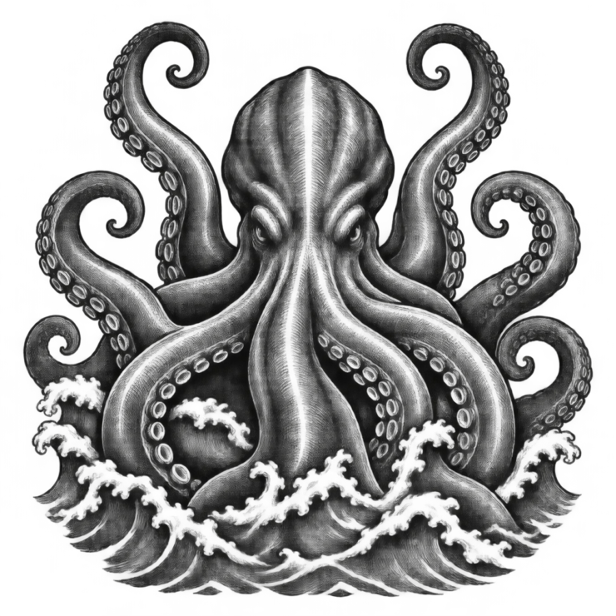 Woodcut engraved kraken back tattoo design with curling tentacles and hatched shading