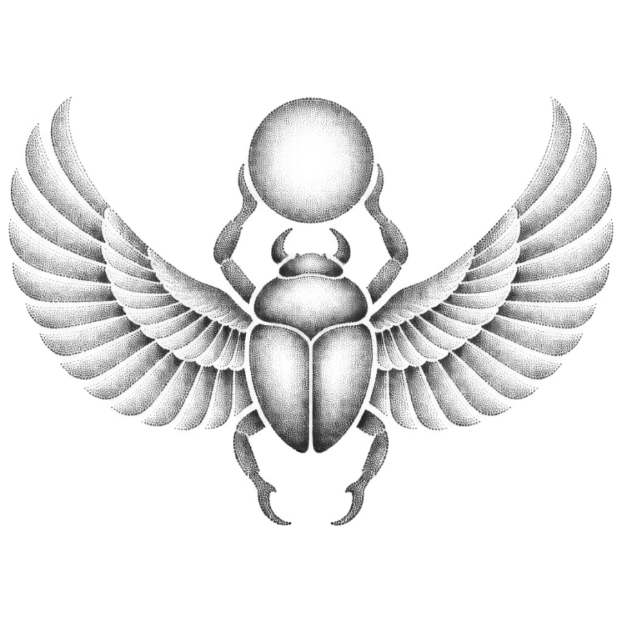 Dotwork stippled scarab and sun disc tattoo design for the upper back