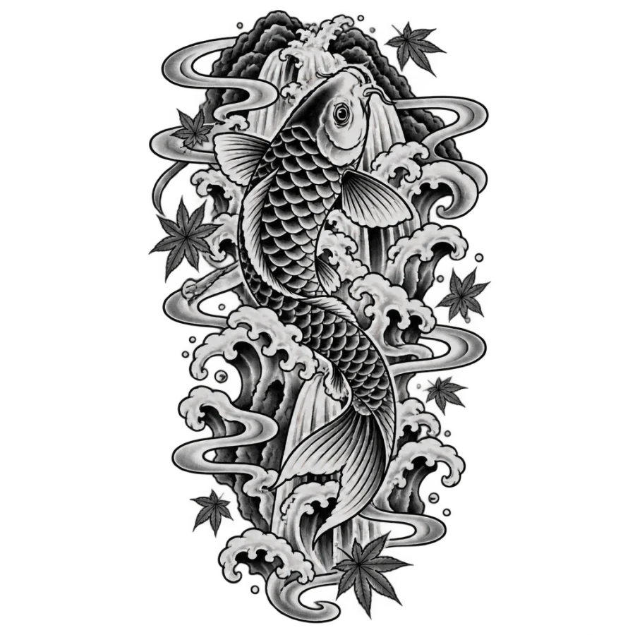 Japanese irezumi back tattoo of a koi climbing a waterfall
