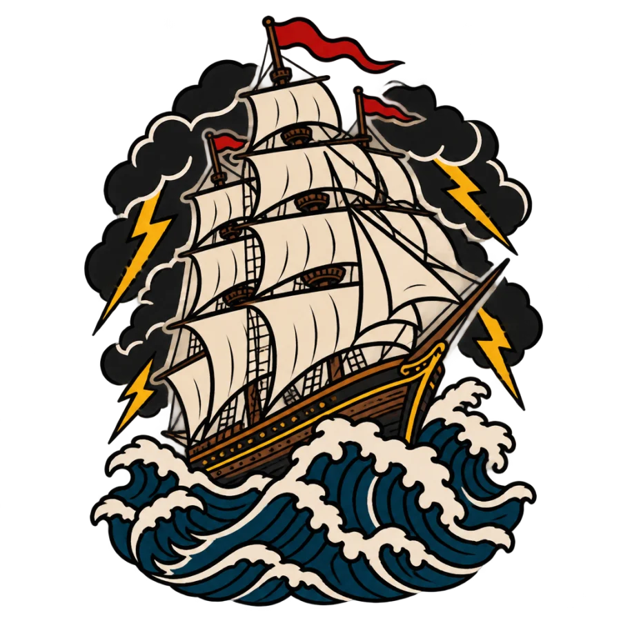 American traditional back tattoo of a tall ship in a storm swell