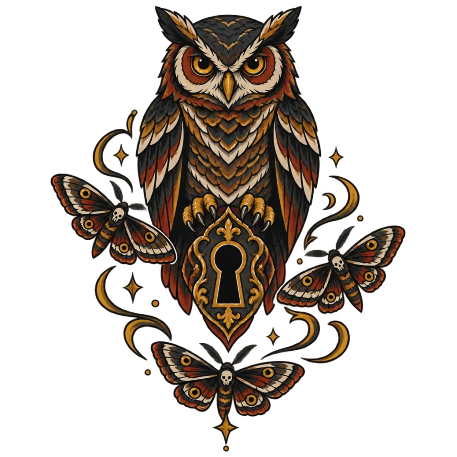 Neo traditional back tattoo of an owl above a keyhole with moths