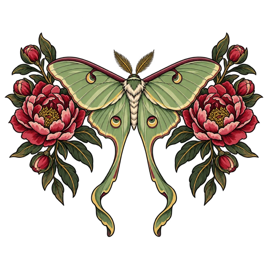Neo traditional back tattoo of a luna moth framed by mirrored peony branches