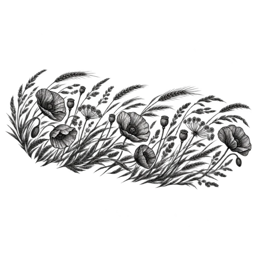 Engraved back tattoo of meadow grasses and poppies sweeping across the upper back