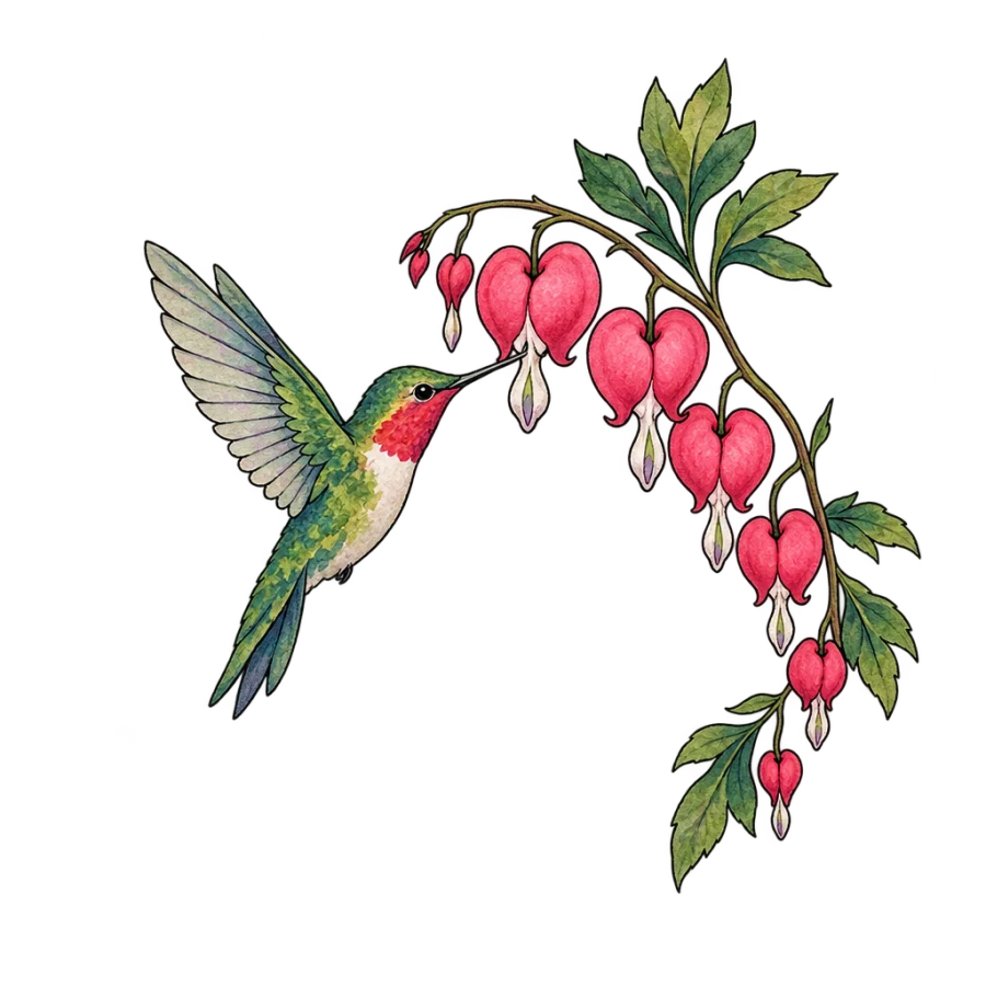 Watercolour back tattoo of a hummingbird beside a trailing bleeding heart branch