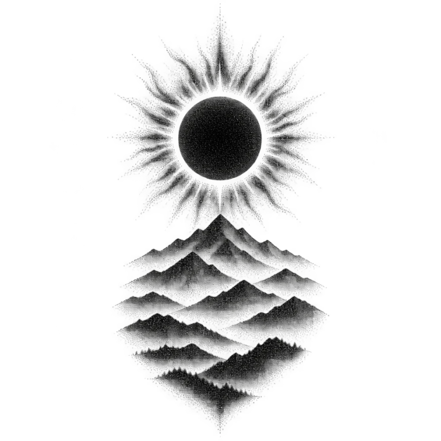 Dotwork tattoo design of a solar eclipse above layered mountains for the back