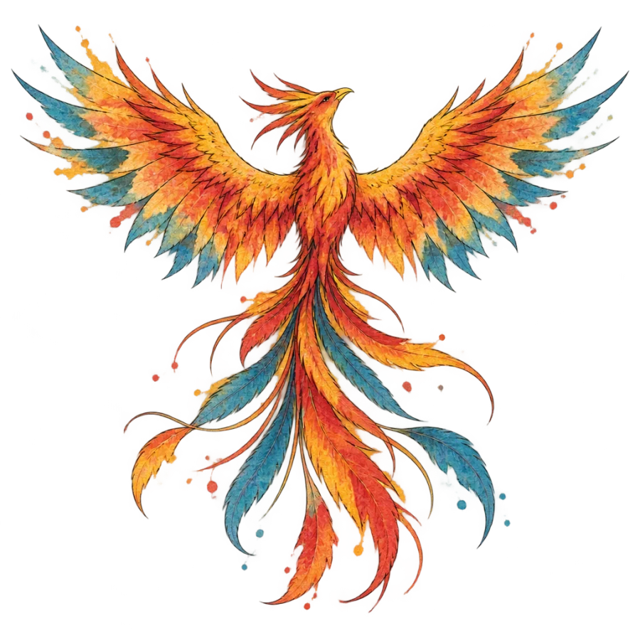 Watercolor phoenix tattoo design with trailing tail feathers sweeping across the back