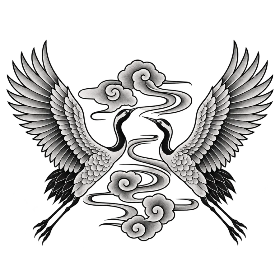 Japanese irezumi back tattoo of two mirrored cranes flying among wind bars