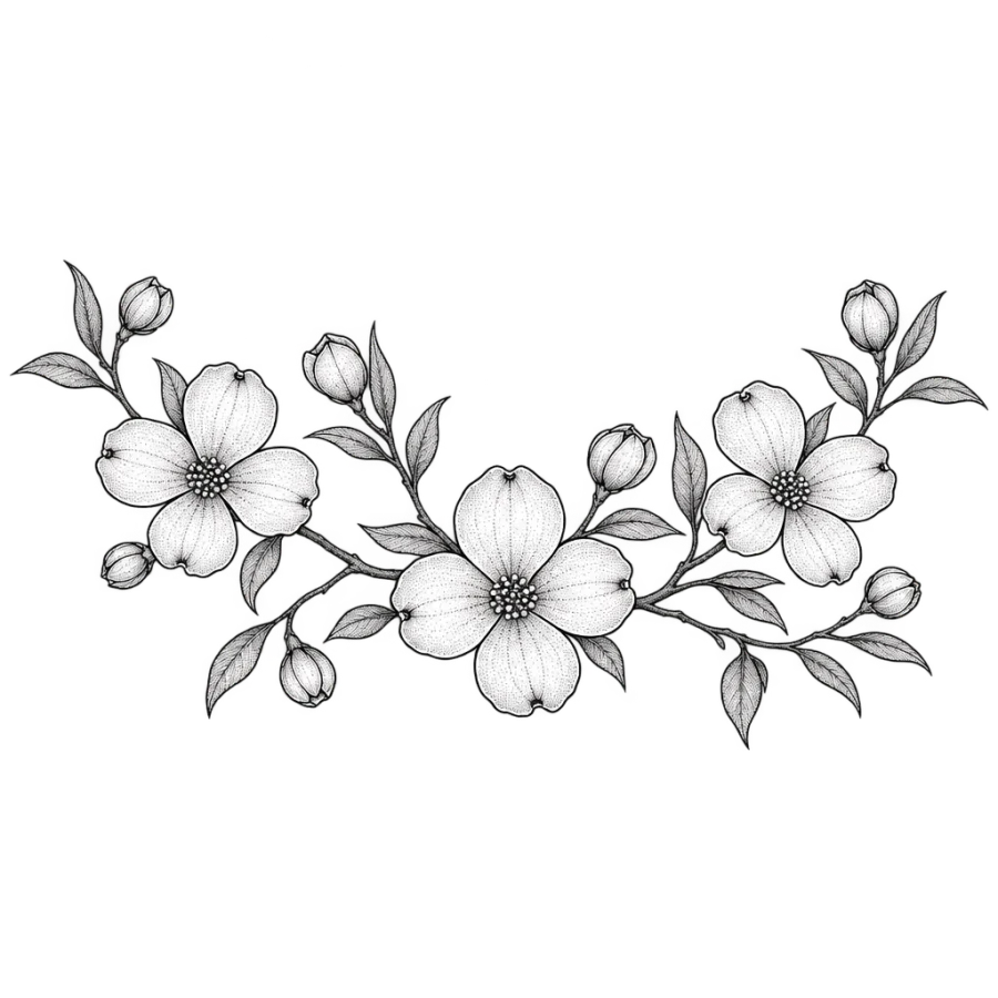 Fine line back tattoo of a flowering dogwood branch arching across the shoulders