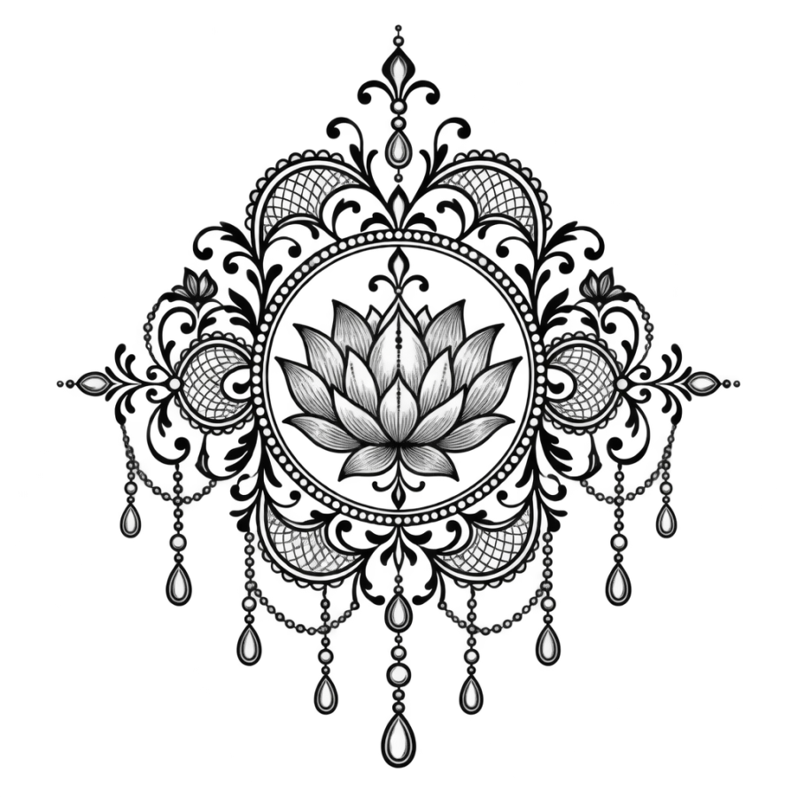 Ornamental filigree back tattoo of a lotus medallion with lace arches and pearls