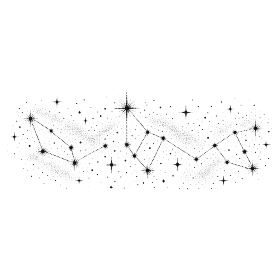 Dotwork back tattoo of a constellation band with scattered stars across the shoulders