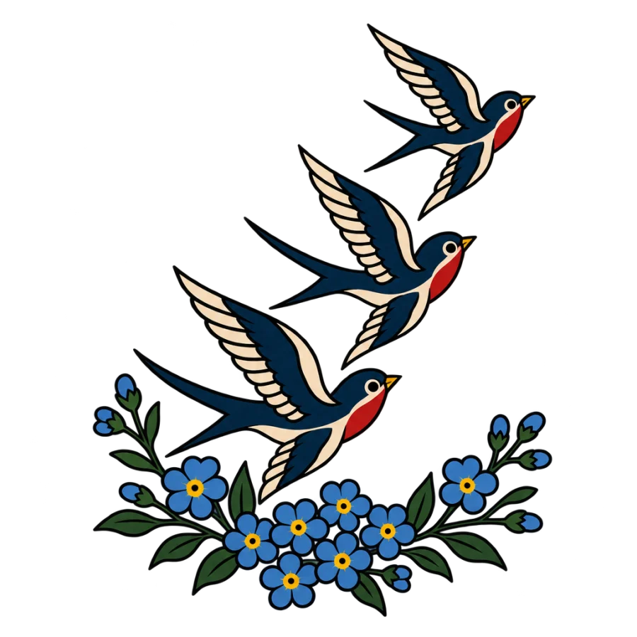American traditional back tattoo of three swallows rising above forget me not flowers