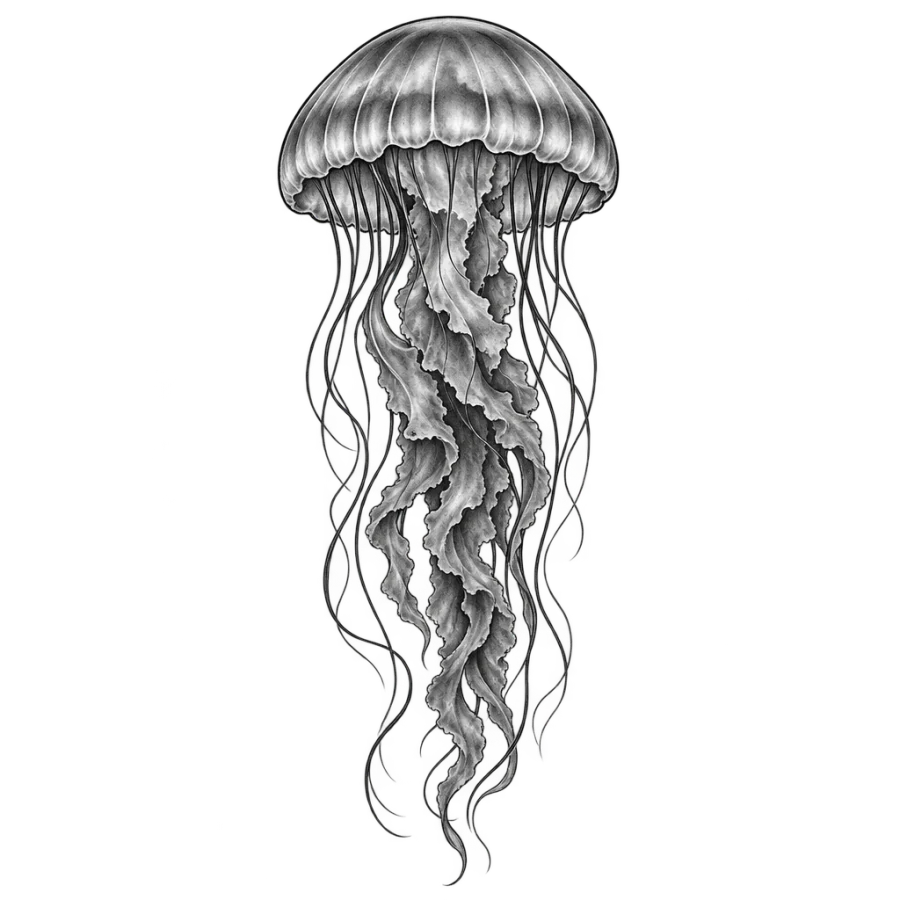 Black and grey realism back tattoo of a jellyfish with long trailing tentacles