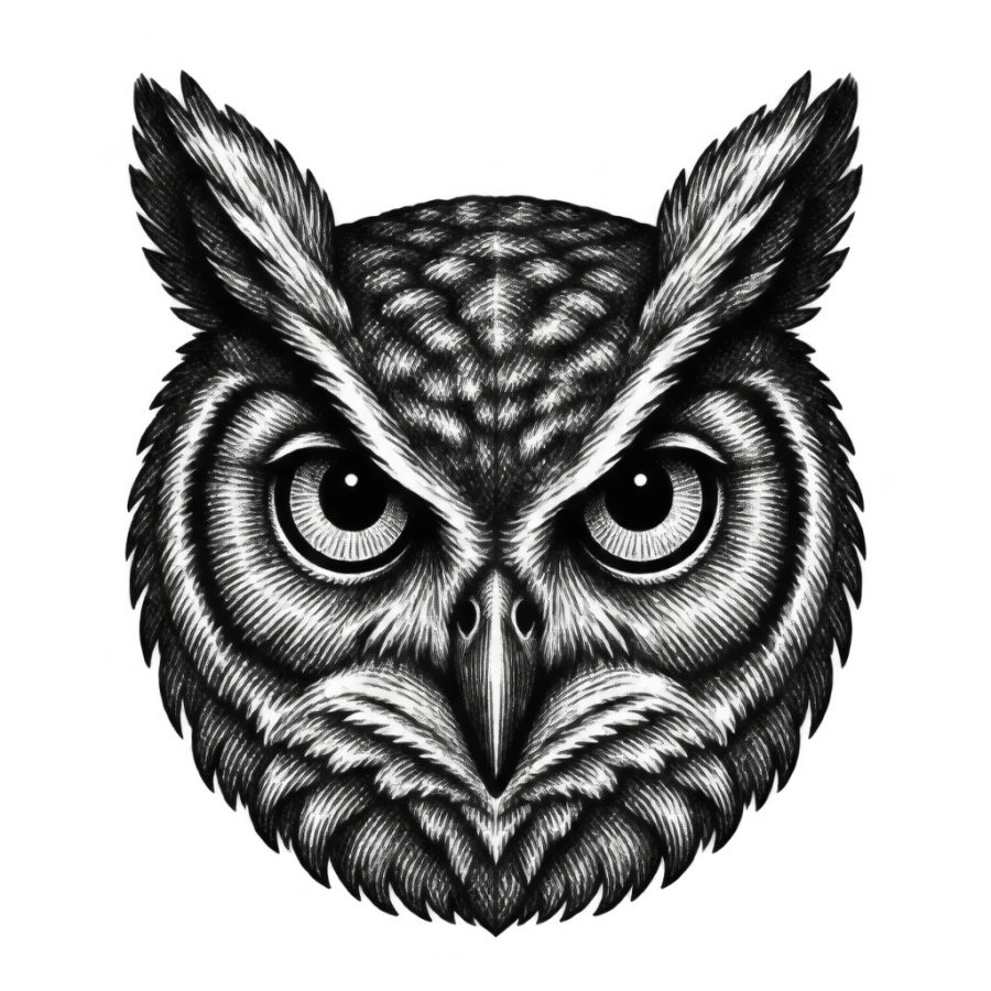 Engraved owl head tattoo design sized to sit behind the ear