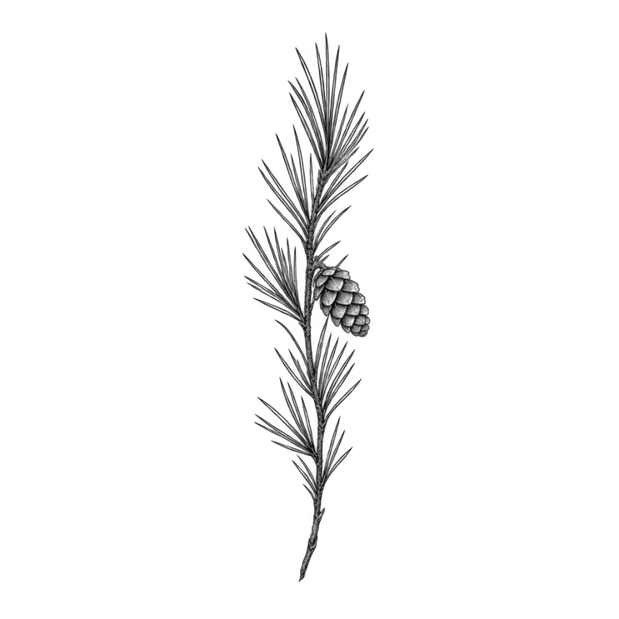 Fine line pine sprig tattoo shaped narrow for behind the ear