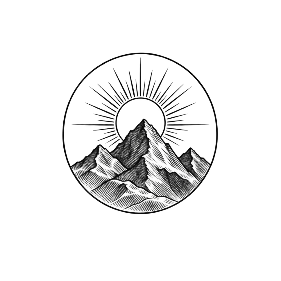 Engraved mountain range circle tattoo sized for behind the ear