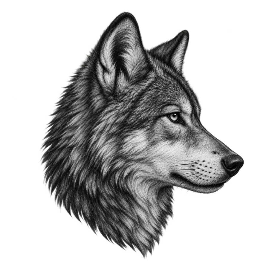 Black and grey realism wolf head profile tattoo for behind the ear