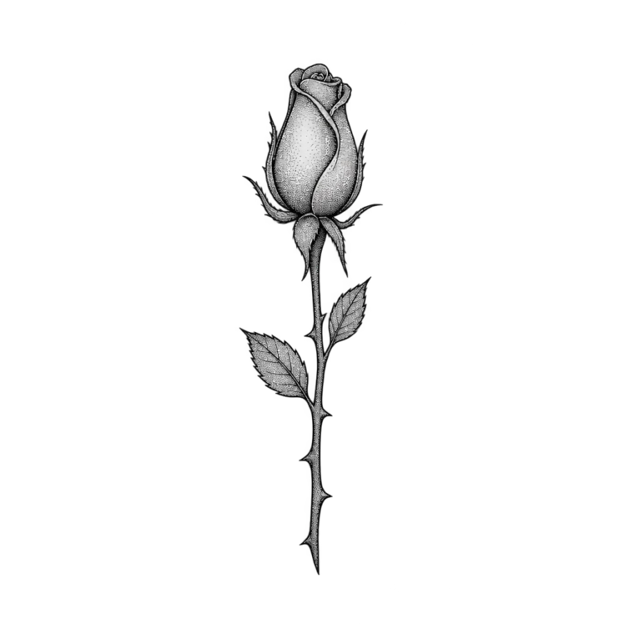 Fine line rose bud tattoo shaped slim for behind the ear