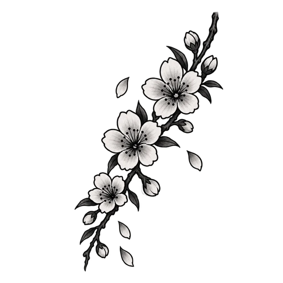 Japanese style cherry blossom branch tattoo for behind the ear