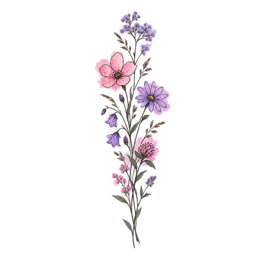 Watercolor meadow flower spray tattoo sized for behind the ear