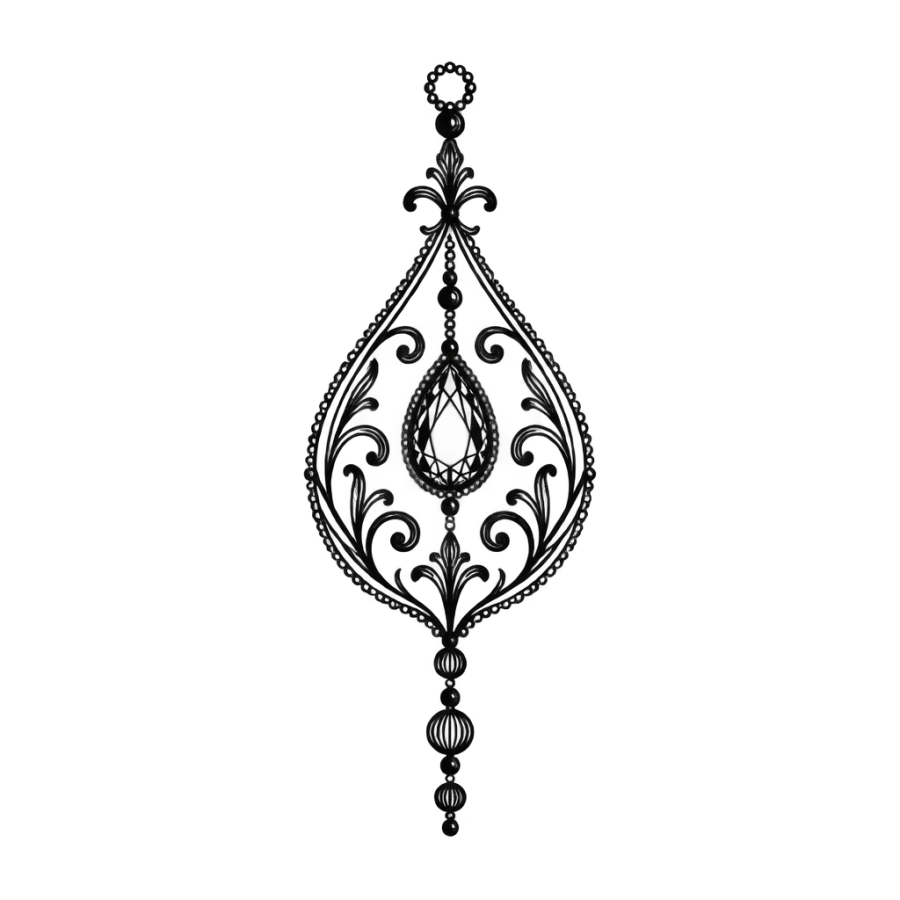 Ornamental filigree teardrop pendant tattoo design sized for behind the ear