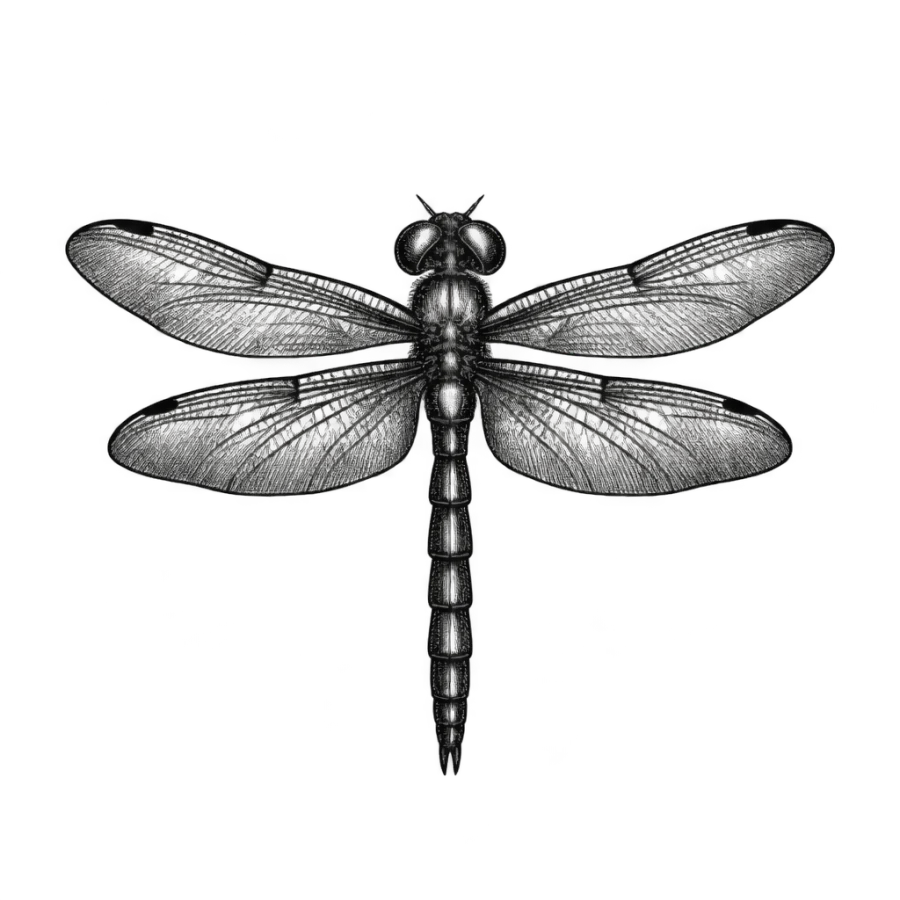 Engraved dragonfly tattoo design with hatched shading for behind the ear