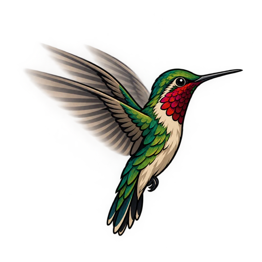 Neo traditional hummingbird tattoo scaled for behind the ear