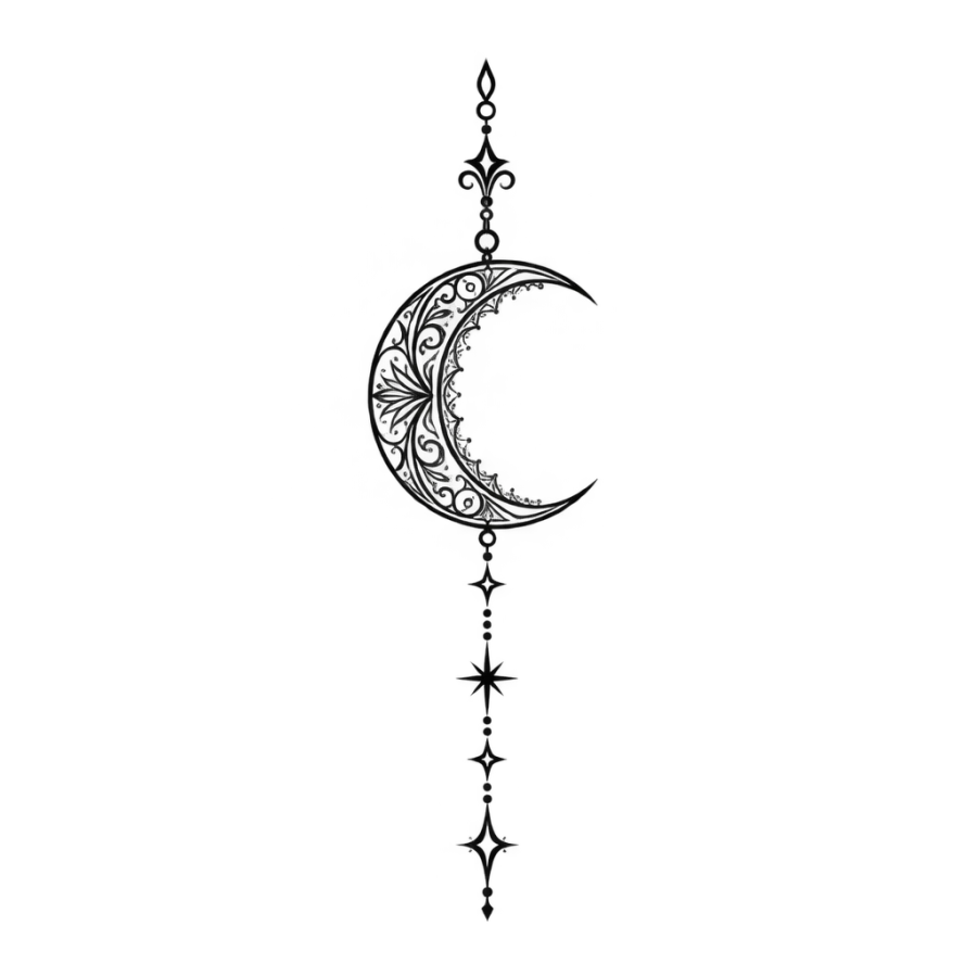 Ornamental crescent moon with hanging stars tattoo for behind the ear