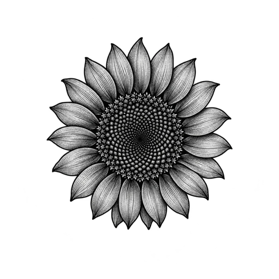Engraved sunflower medallion tattoo sized for behind the ear