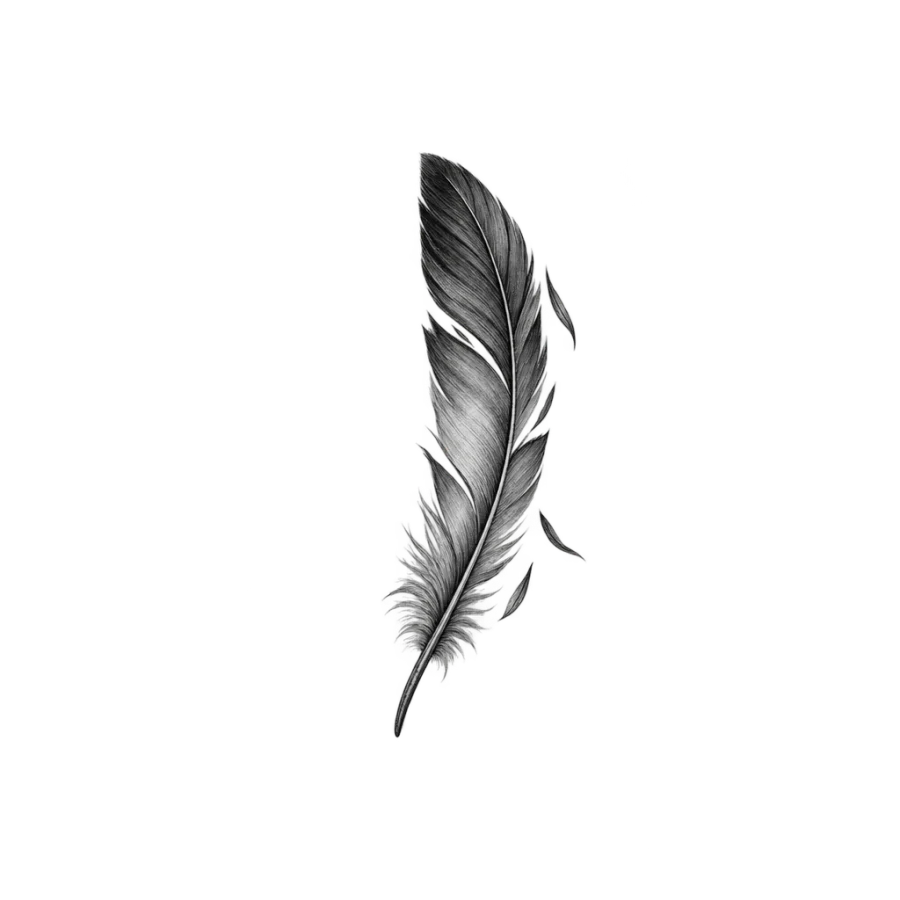 Black and grey falling feather tattoo sized for behind the ear