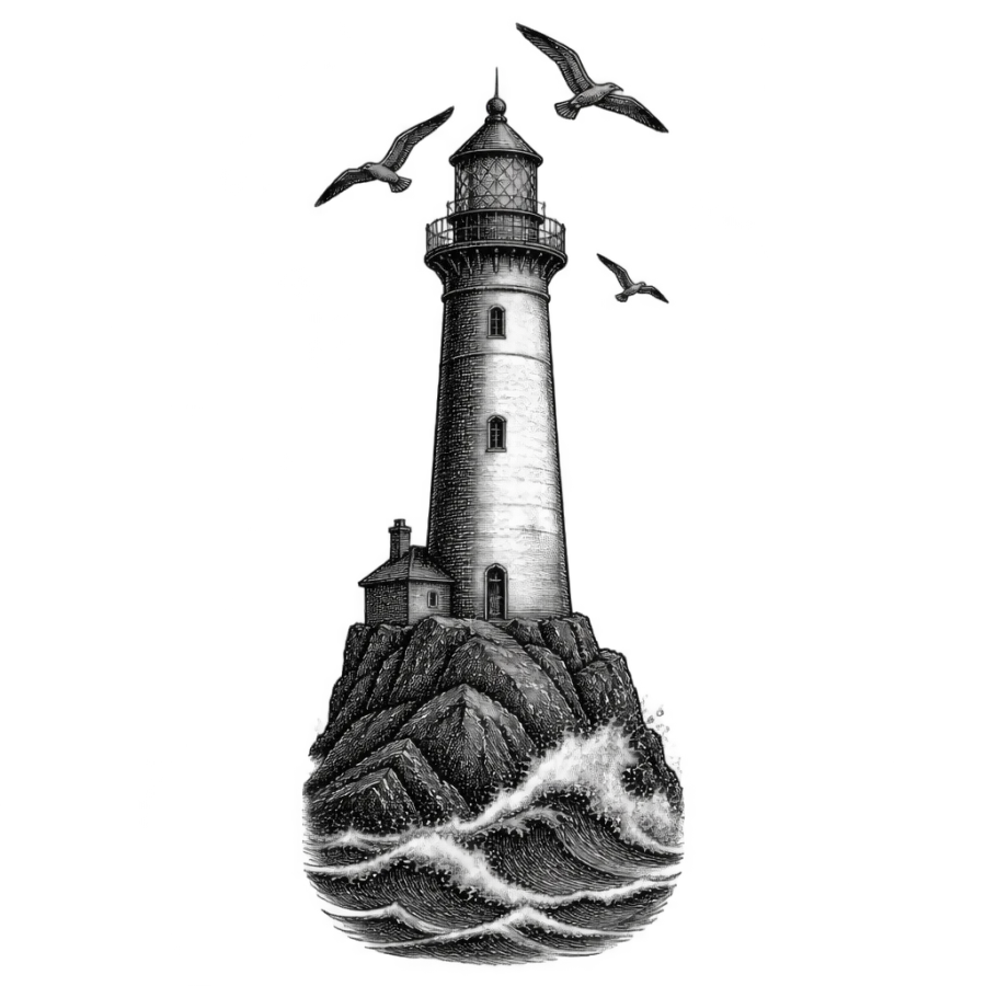 Engraved woodcut lighthouse tattoo design in a tall column shaped for the calf