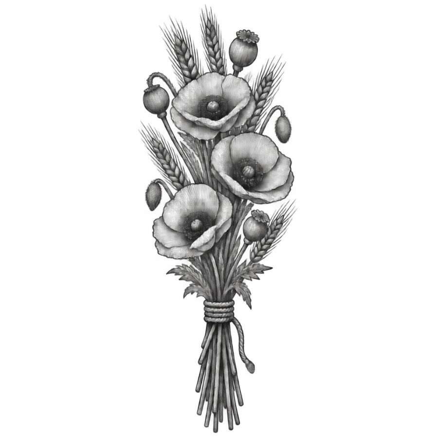 Engraved woodcut poppy and wheat bouquet tattoo shaped for a calf