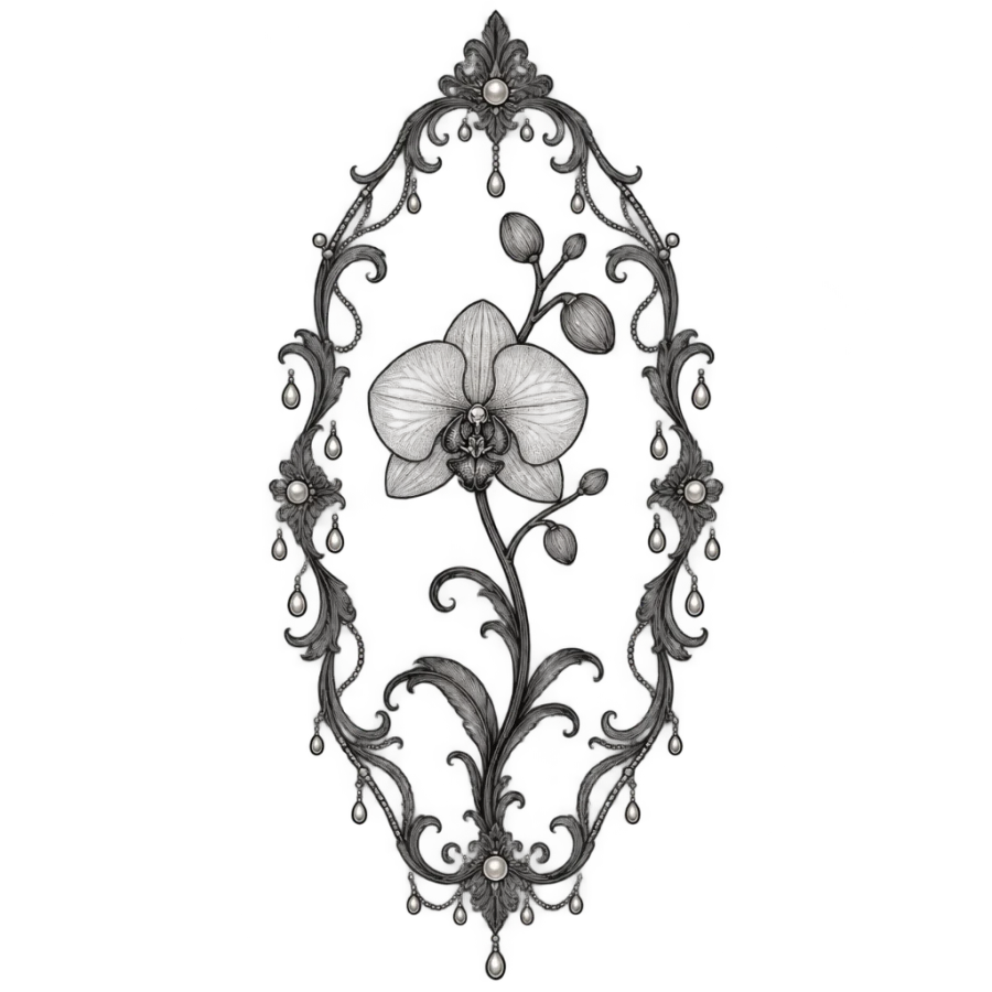 Ornamental filigree orchid tattoo in a pearl framed oval for the calf