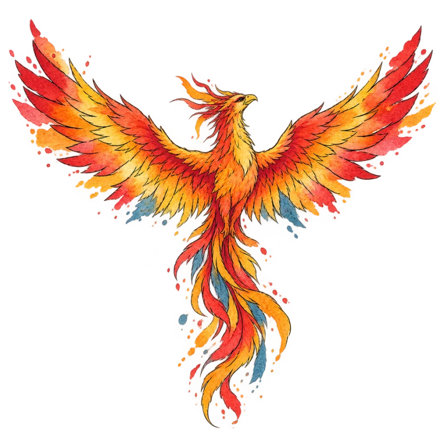 Watercolour chest tattoo of a phoenix rising with a wide wingspan