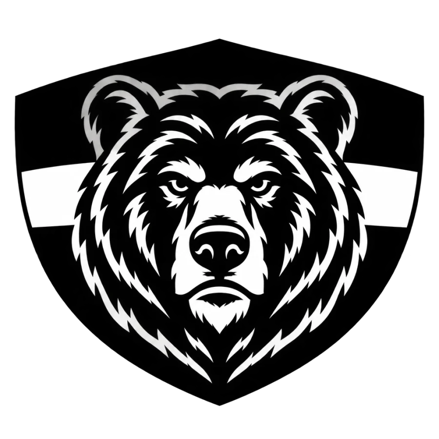 Heavy blackwork chest tattoo design of a bear head shaped by white gaps
