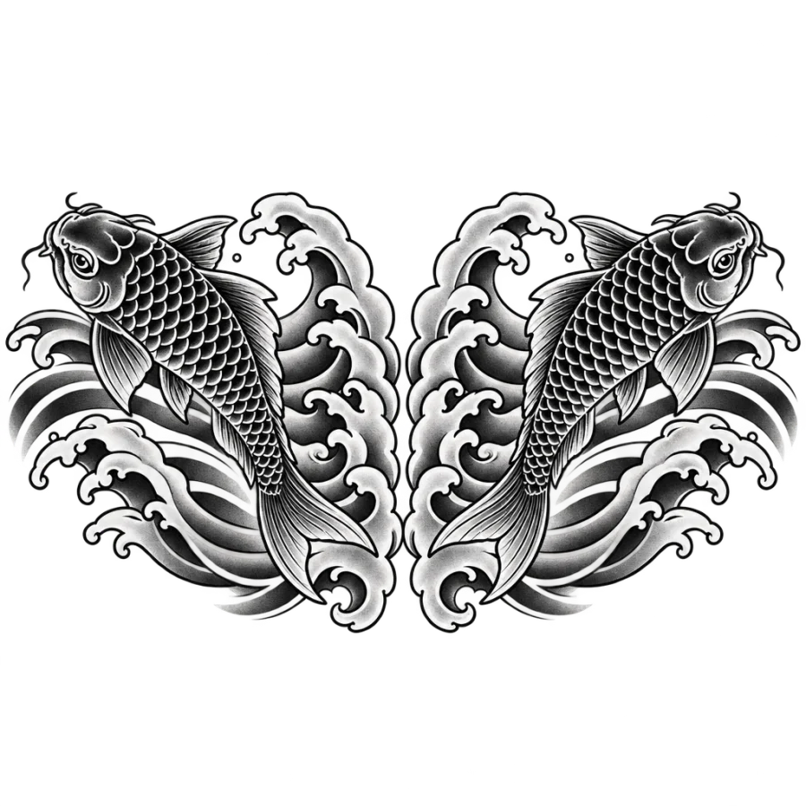 Japanese irezumi chest tattoo of two mirrored koi in curling waves