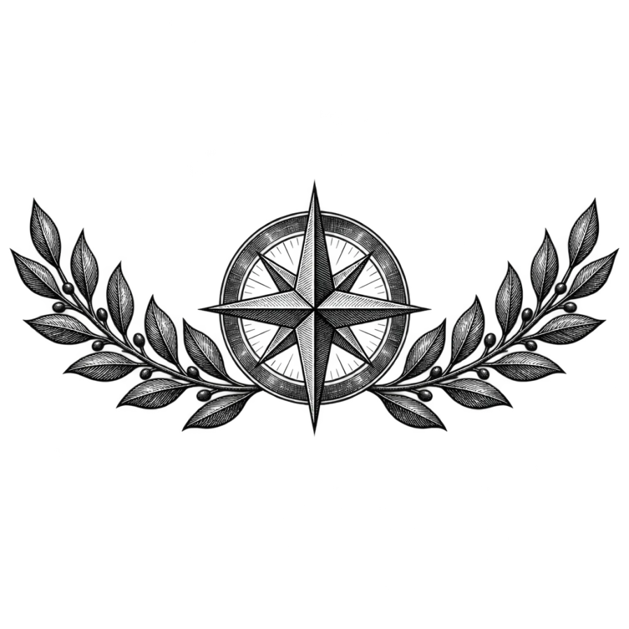 Woodcut engraving chest tattoo of a compass rose between laurel branches