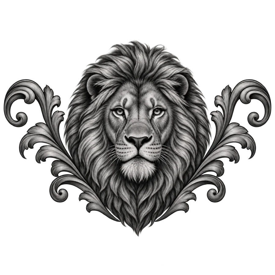 Black and grey realism chest tattoo of a lion head between ornamental scrolls