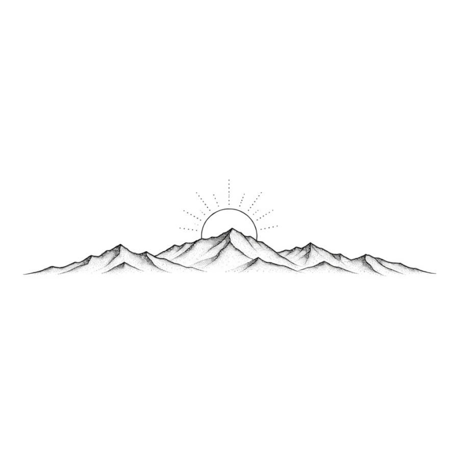 Fine line chest tattoo of a low mountain ridge with a rising sun arc