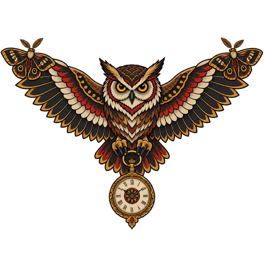 Neo traditional chest tattoo of an owl holding a pocket watch in its talons