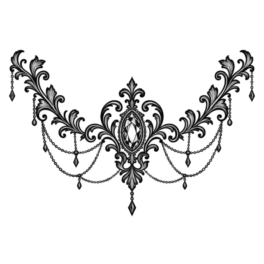 Ornamental filigree chest tattoo of a breastplate with a gem and chains