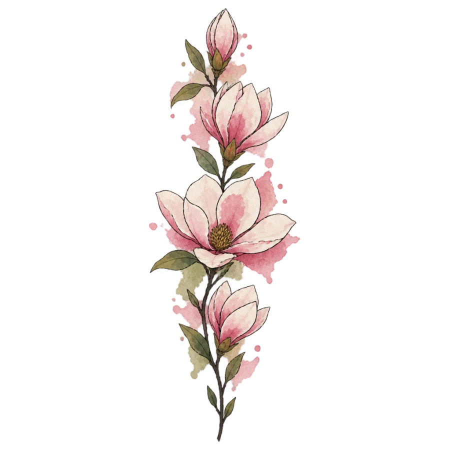 Watercolour sternum tattoo of a blooming magnolia branch in soft washes