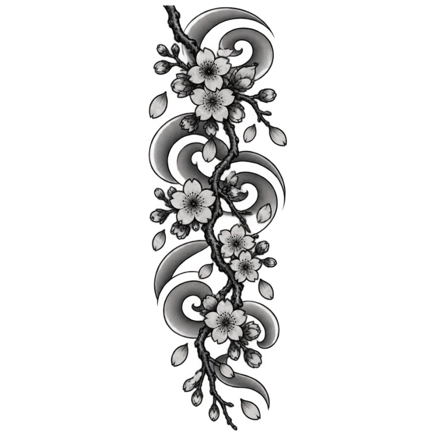 Japanese irezumi sternum tattoo of a falling cherry blossom branch