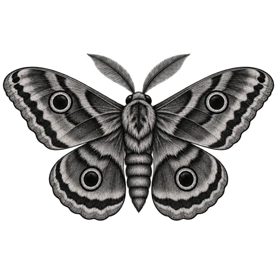 Black and grey realism sternum tattoo of a moth with patterned wings