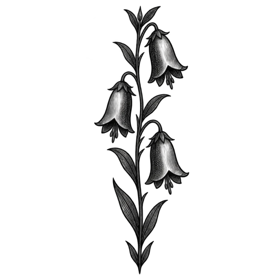 Engraved woodcut bellflower sternum tattoo design with crosshatched shading, tall narrow panel