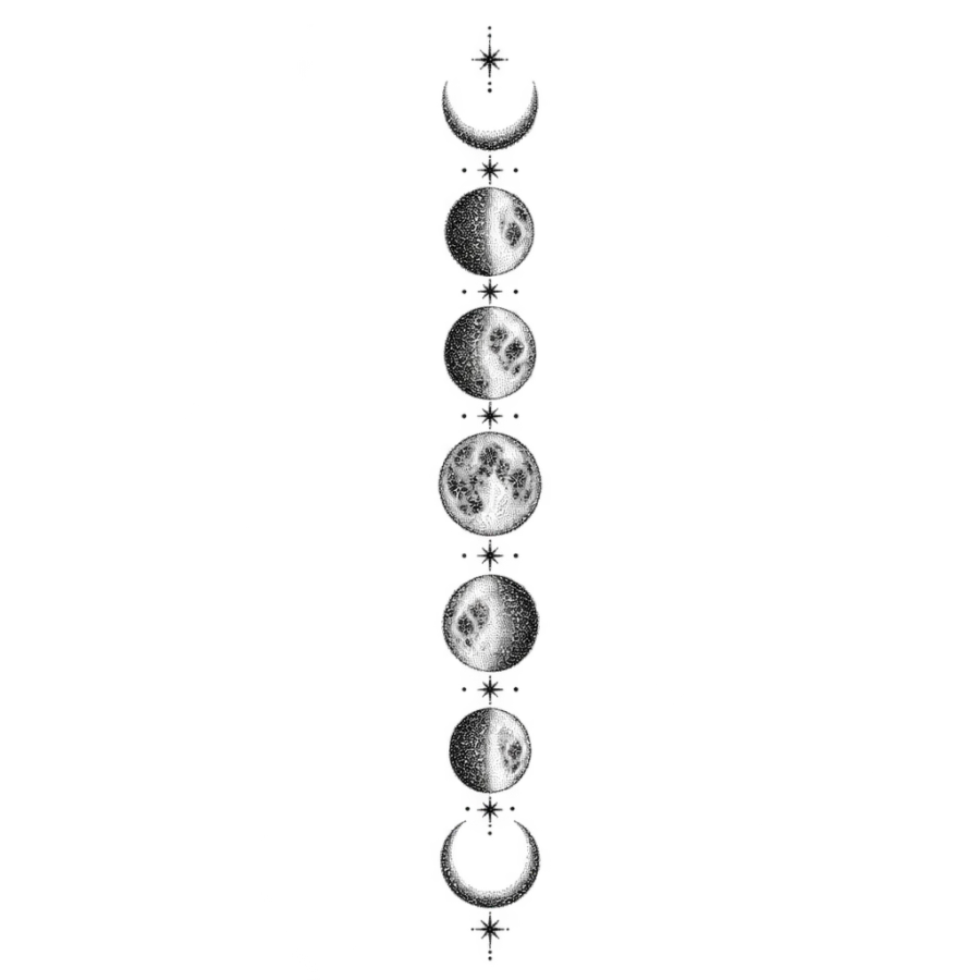 Dotwork stippled sternum tattoo of stacked moon phases and small stars