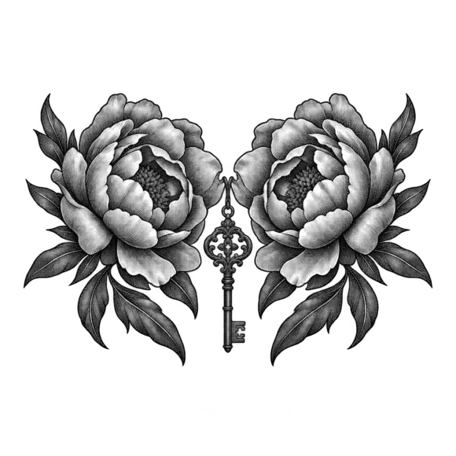 Woodcut engraving sternum tattoo of mirrored peonies with a hanging key